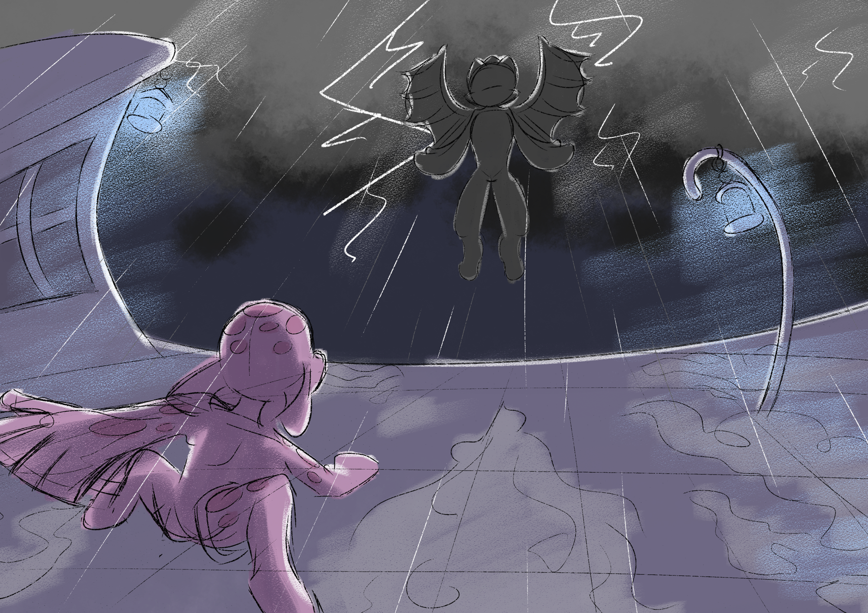 Concept art of Yuu confronting Cindred at the docks